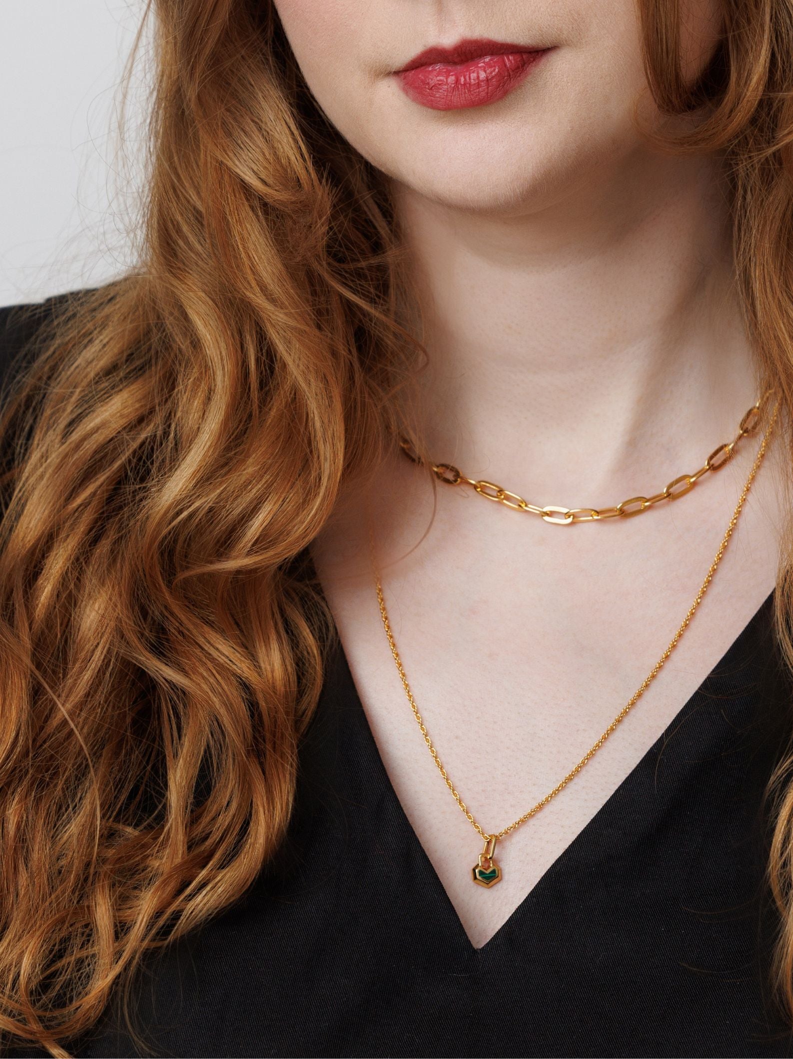 MINI DARYL NECKLACE 22" CHAIN <br> 18k Gold Plated - Malachite