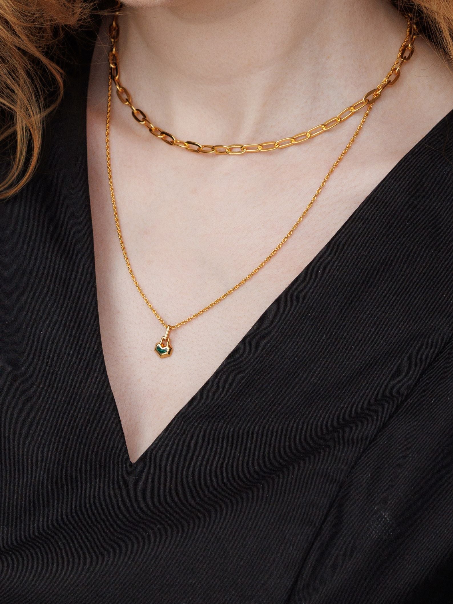 MINI DARYL NECKLACE 22" CHAIN <br> 18k Gold Plated - Malachite